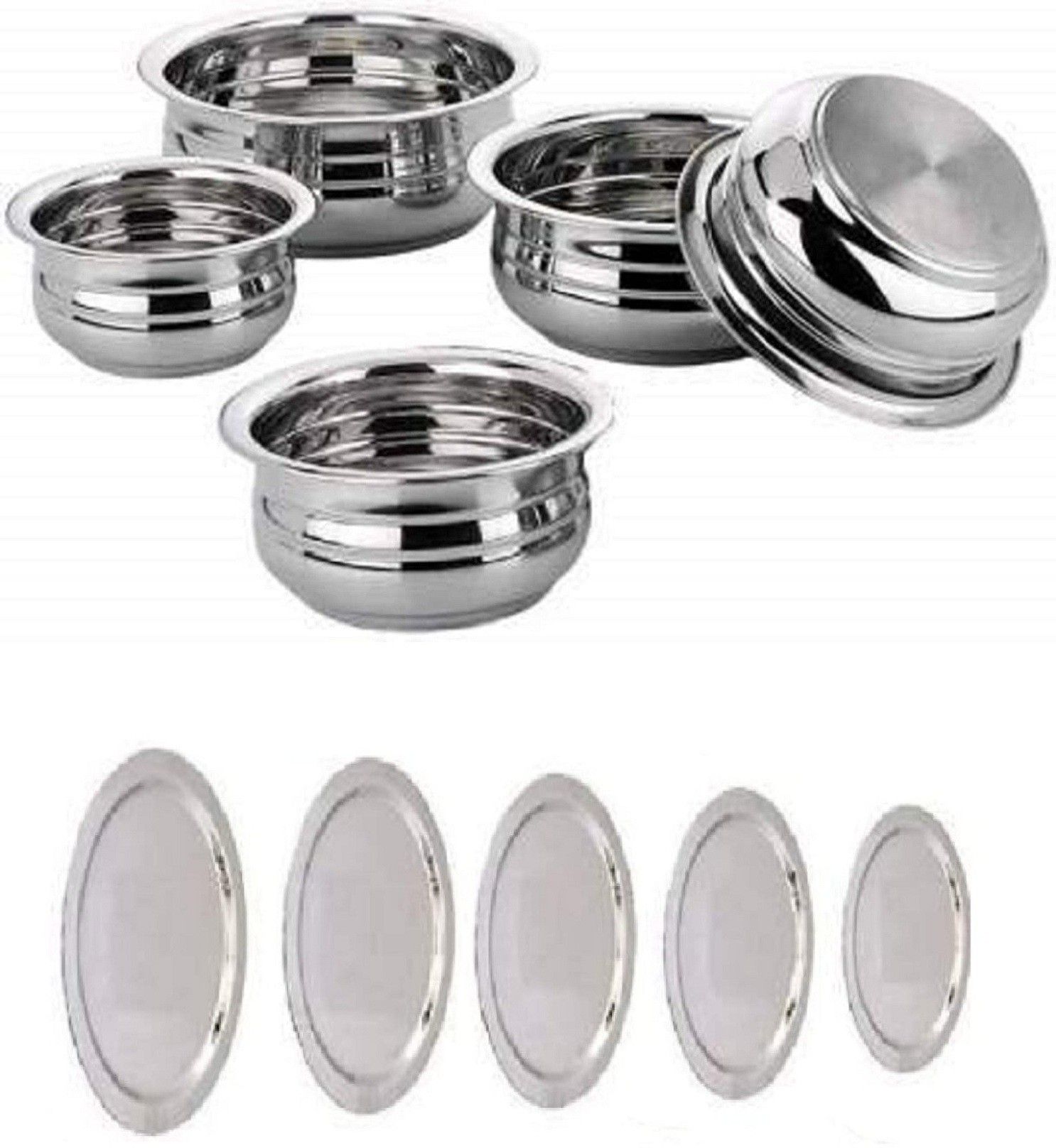 Stainless Steel Storage Bowl Kitchen Appliances Stainless Steel urli, Serving Biryani, Punjabi Handi Set 5 Piece With Lid (Gas Stove and Induction Compatible Without Copper) Handi 2.1 L, 1.6 L, 1.1 L, 0.8 L, 0.5 L with Lid-image-4