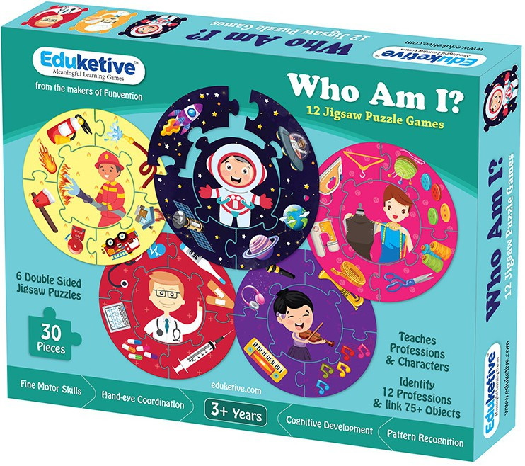 eduketive WHO AM I - Educational Puzzle Learn About 12 Professions Both Sided Printed 30 Pieces Puzzle Kids Age 3-9 Years Old image 1