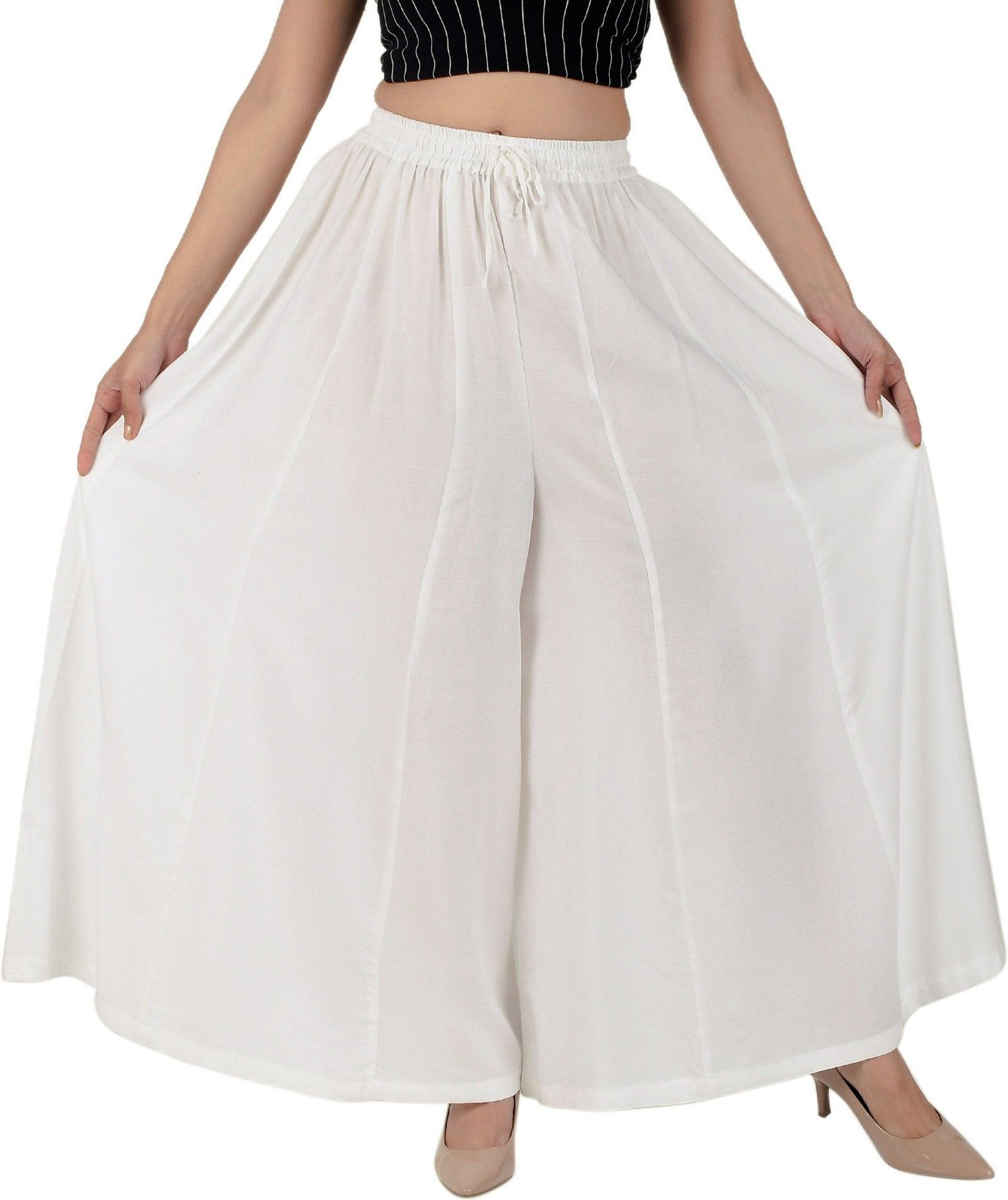 Women Flared White Viscose Rayon Trousers-image-4