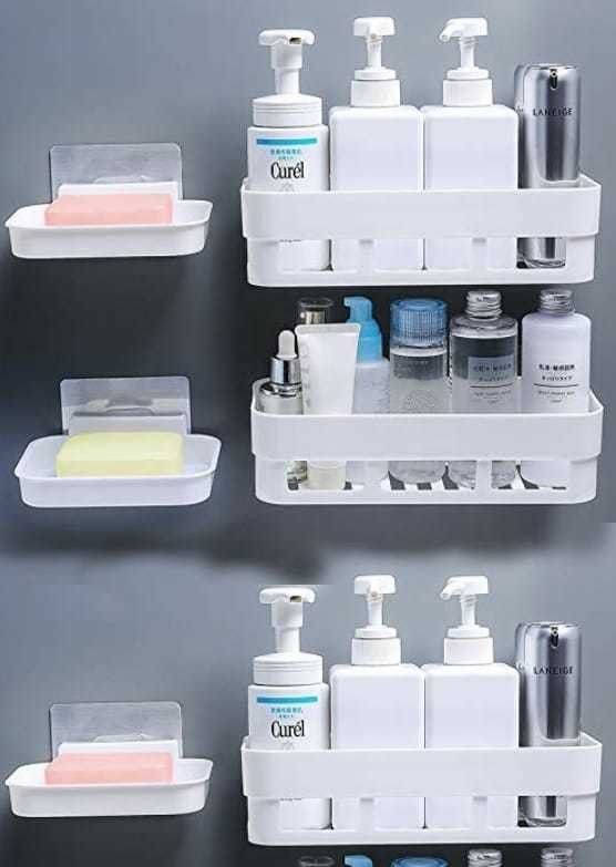 Pack Of 6 Pcs ABS Plastic Multipurpose Home Kitchen Bathroom Accessories Traceless Wall Shelves Decor Items Soap Stand Holder Organizer Storage Shower Caddy Rack Shelf with Strong Adhesive Magic Sticker ( 3 Bathroom Wall Shelves + 3 Soap Box,MultiColour ) Plastic Wall Shelf-image-41