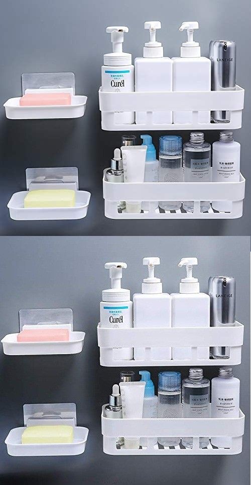 hxoset Multipurpose Kitchen Bathroom Rack Storage Shelves Bathroom Storage Rack Soap Box Stand Shower Rack ABS Plastic Storage Holder Combo with Magic Sticker Shelf ( 4 Bathroom Shelves + 4 soap Box) (White) (White Plastic Wall Shelf-picture-12