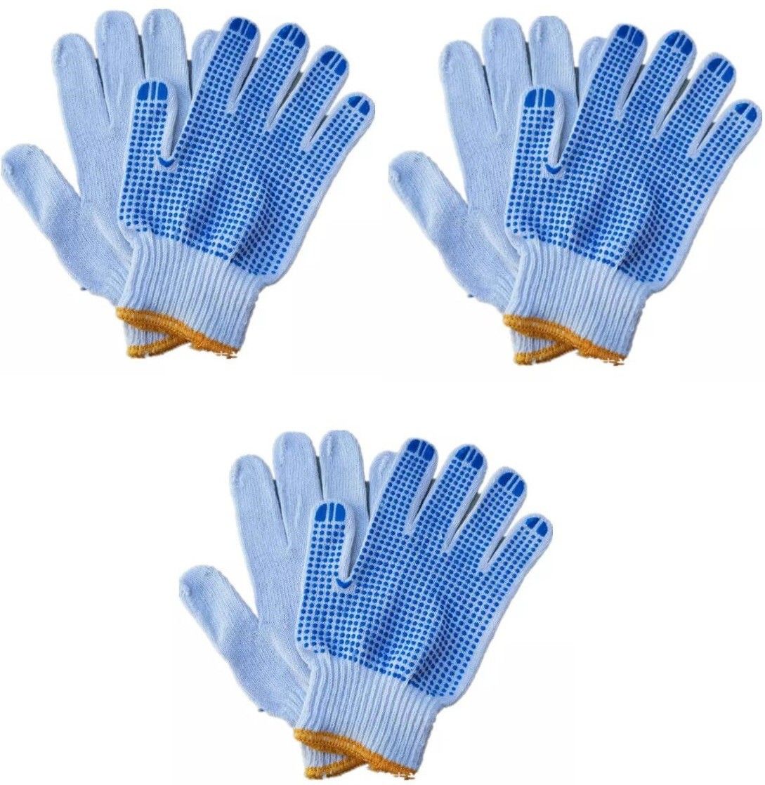 hm evotek Reusable Cotton String Knit Washable One Side PVC Rubber Dotted Safety Protection Work Hand Gloves for Men and Women Industrial Work Use, Home Office (Pack of 3 Pair) White-Blue Dotted Polyester Safety Gloves Gardening Shoulder Glove-picture-13