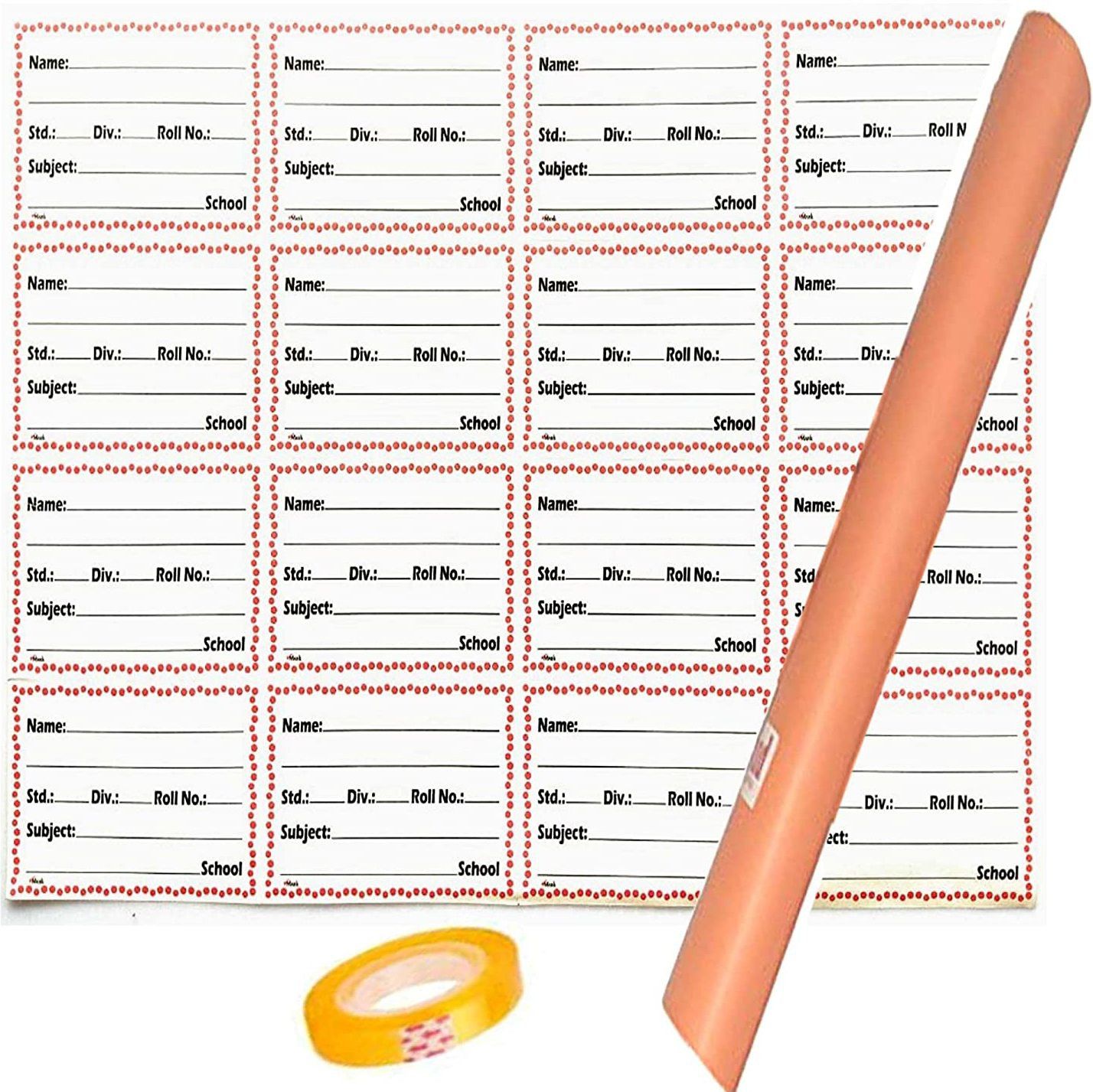 abc season store Book Cover & Labels Combo | Set of 2 Book Cover Roll, Name Label (32 PIS) & Free 1 Cello Tape | Plastic Laminated Brown 8 Meters Roll | Name Stickers Labels | for School Note Book Cover (Plain) Book Cover-picture-21