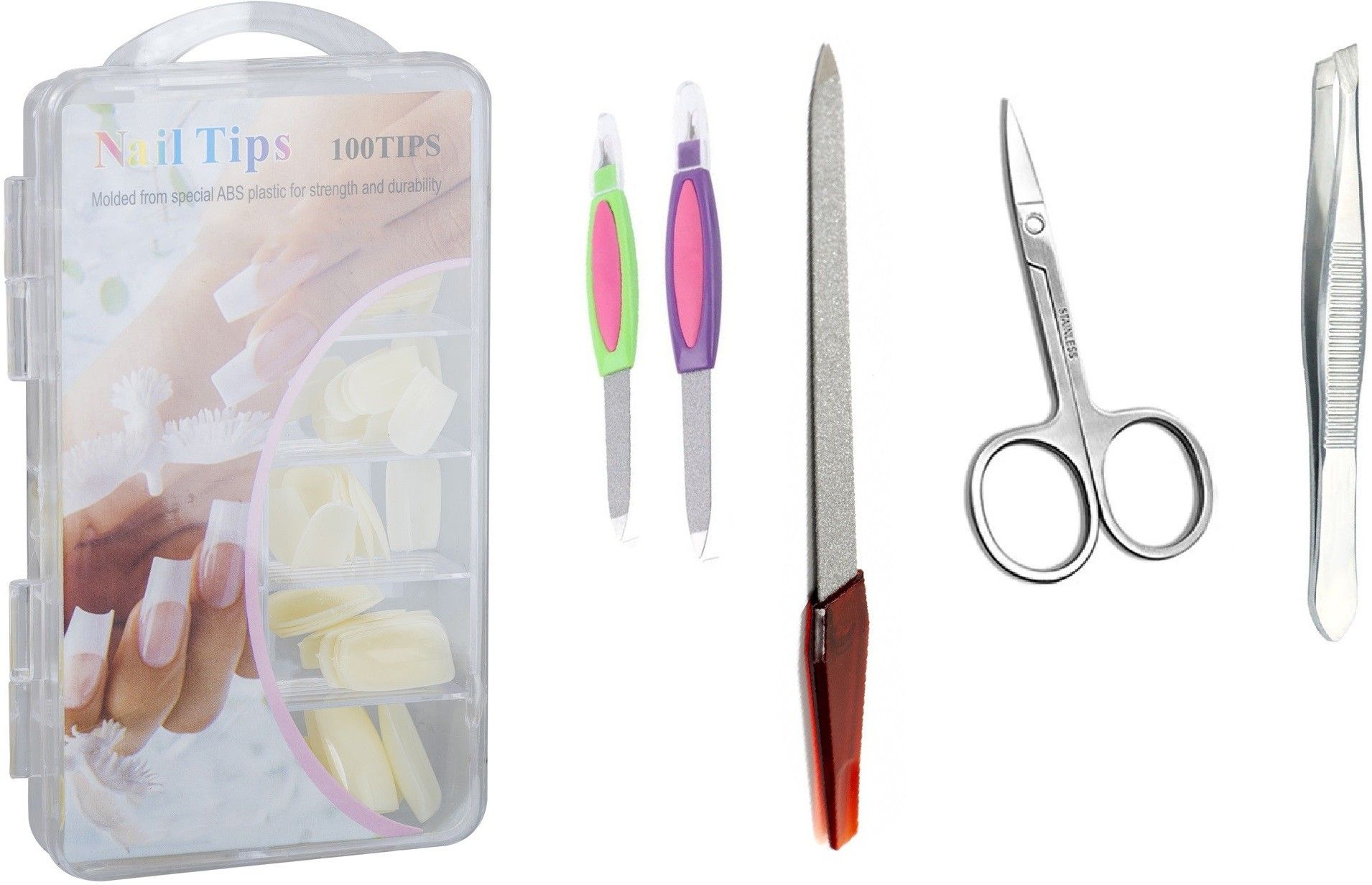 Combo Of 100 PCS Nails Tips with Glue,2 PCS Nails Flies, 1 PCS Nail Filer, 1 PCS Round Tip Scissor, 1 PCS Tweezers Manicure Pedicure Nail Spa Tools Set for Women Salon and Home-image-35