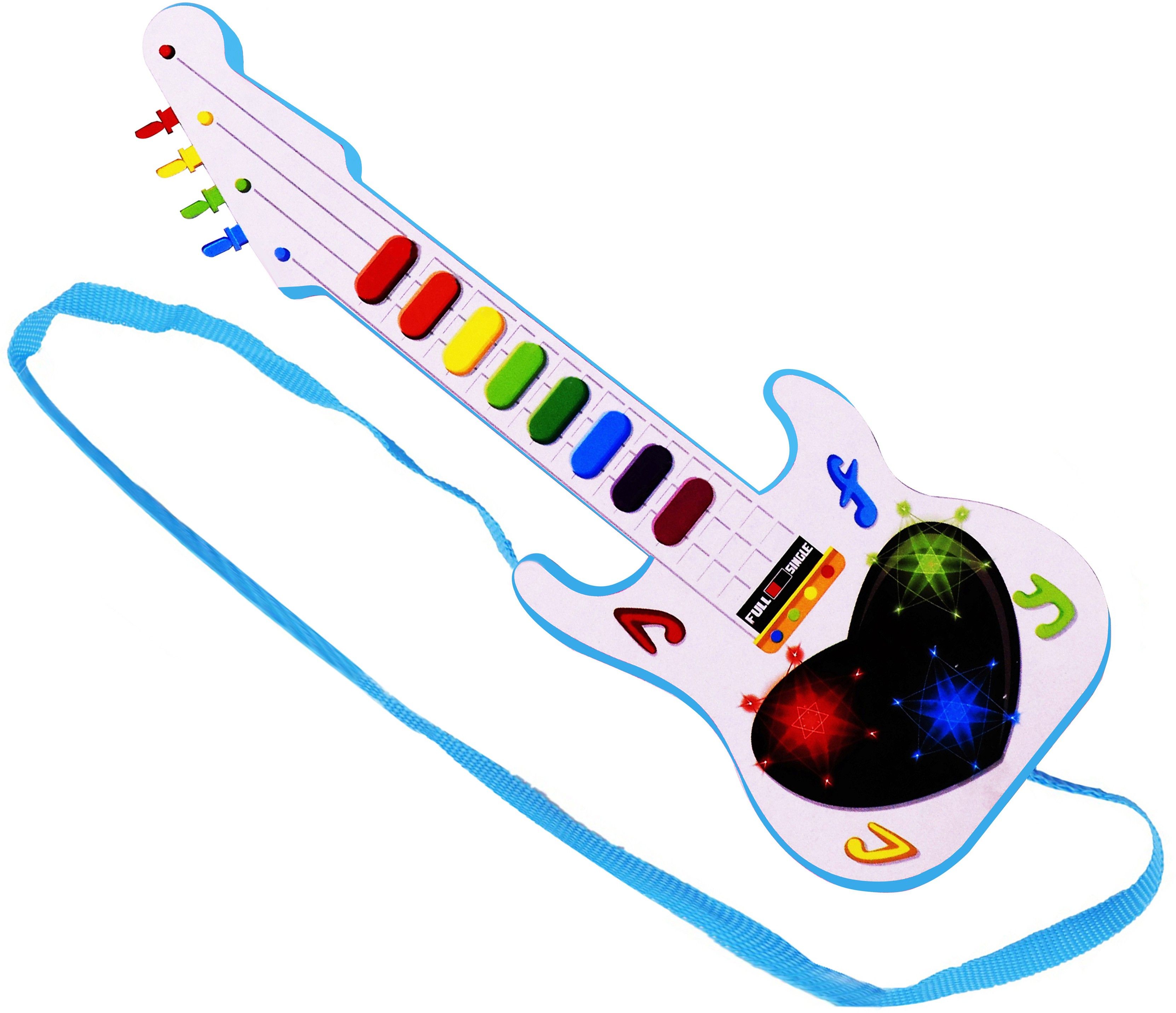 Musical Mini Guitar Toy With Musical Rhymes Sound And 3D LED Light | Battery Operated | Musical Instrument | Electric Keyboard | Lighting Toys | Best Gift For Kid And Toddlers | Size : 12 Inches | Colour : White And Blue | Package Content : Guitar-image-22
