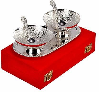 navya craft Brass Plated Designer Bowl Set with Serving Spoons And Trays (Silver And Gold) Bowl, Tray, Spoon Serving Set-picture-19