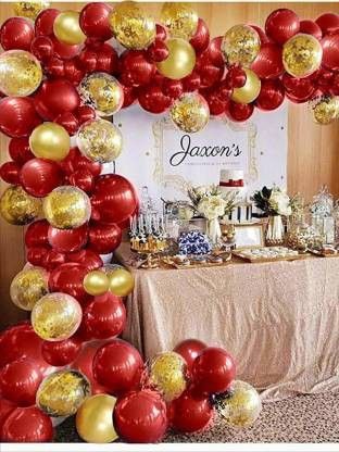 Solid Royal Red And Golden Balloon Combo Of 102 Pcs-Golden Confetti Balloons(10)+Metallic Balloons Red 45+Golden 45+Balloon Glue Dots100(1)+Balloon Arch + 1 Pump Balloon Bouquet-image-21