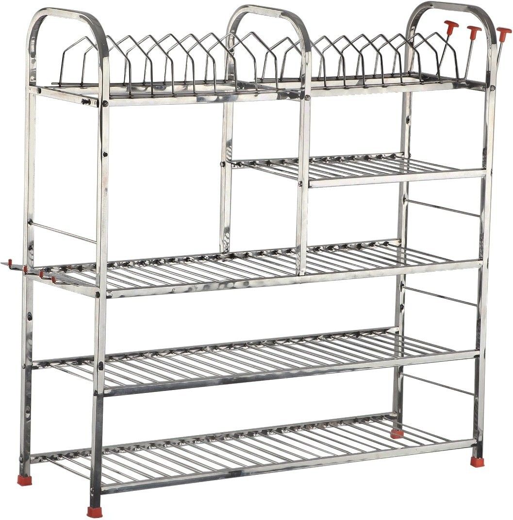 zobby Utensil Kitchen Rack Stainless Steel 5 Layer Wall Mount Kitchen Dish Rack | Utensils Rack with Plate & Cutlery Stand | Modular Kitchen Storage Rack | Kitchen Organizer (30 x 32 inches) Steel-picture-14