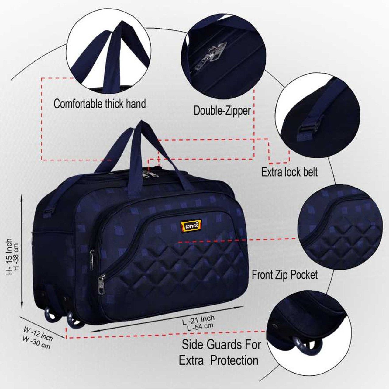 Lightweight Polyester Waterproof Luggage Travel Duffle Bag with Roller Wheels Blue-image-32