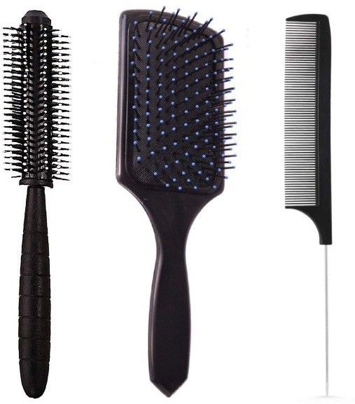 pack of 3 hair brush-Rectangular Cushion Brush(1) & round Blow Drying Roller Hair Brush(1) & Black Carbon Rat tail , Sectioning comb with Steel Handle with Non-skid Paddle for hair styling (1)-image-29
