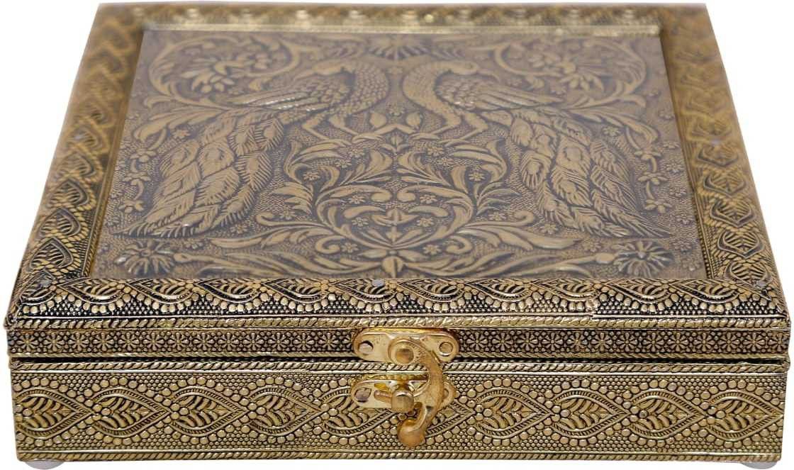 Decorative Empty Dry Fruit Box / Wooden Dry Fruit Box / Sweets Box / Oxidized Dry Fruit Box / Gift Box / Mukhwash Box, Sopari Box (4 Section Box, PEACOCK Design Golden) Wood, Aluminium Decorative Platter. Wood Decorative Platter-image-11