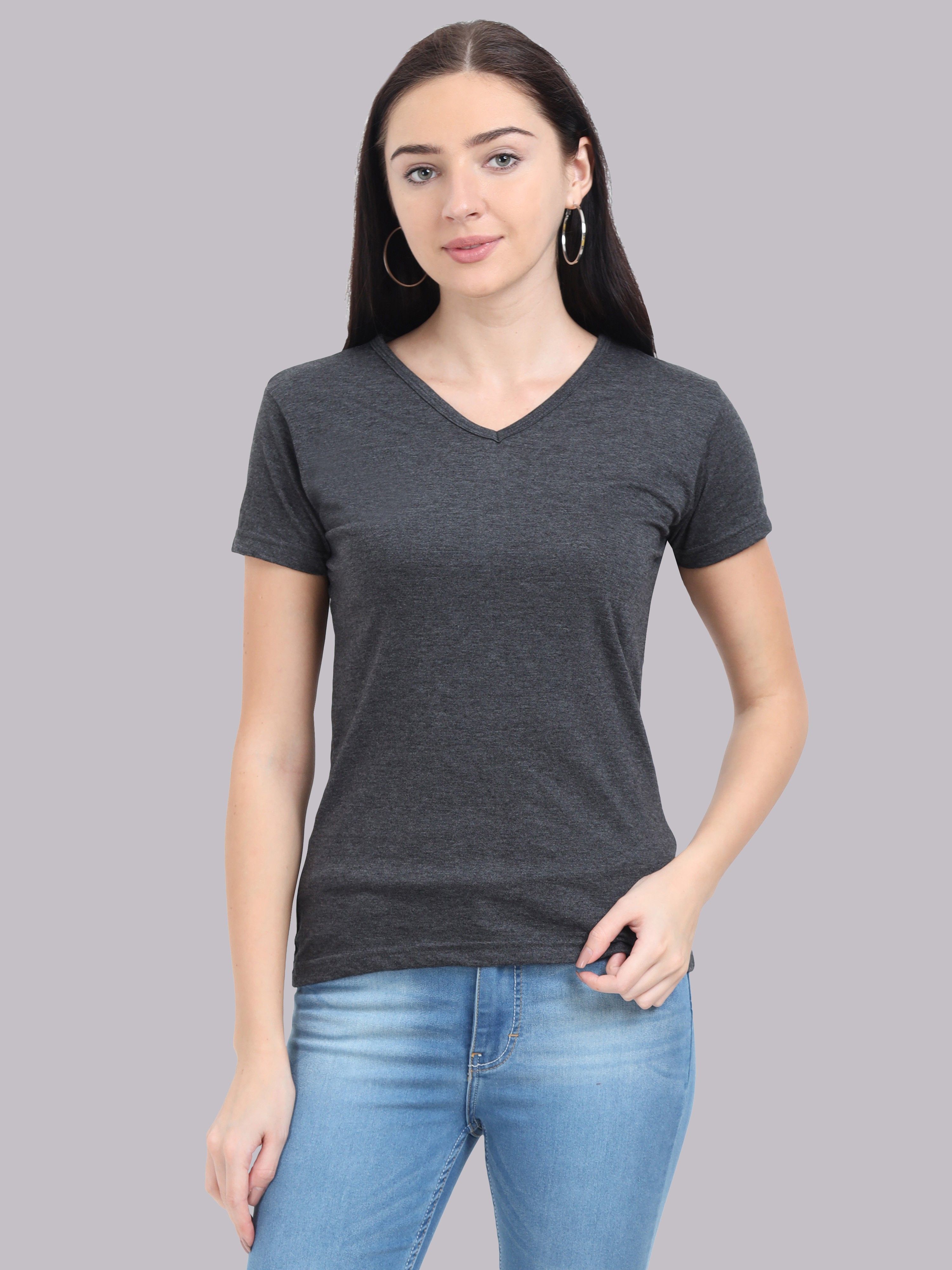 Womens V Neck Half Sleeve Women Solid V Neck Pure Cotton Grey T-Shirt-image-27