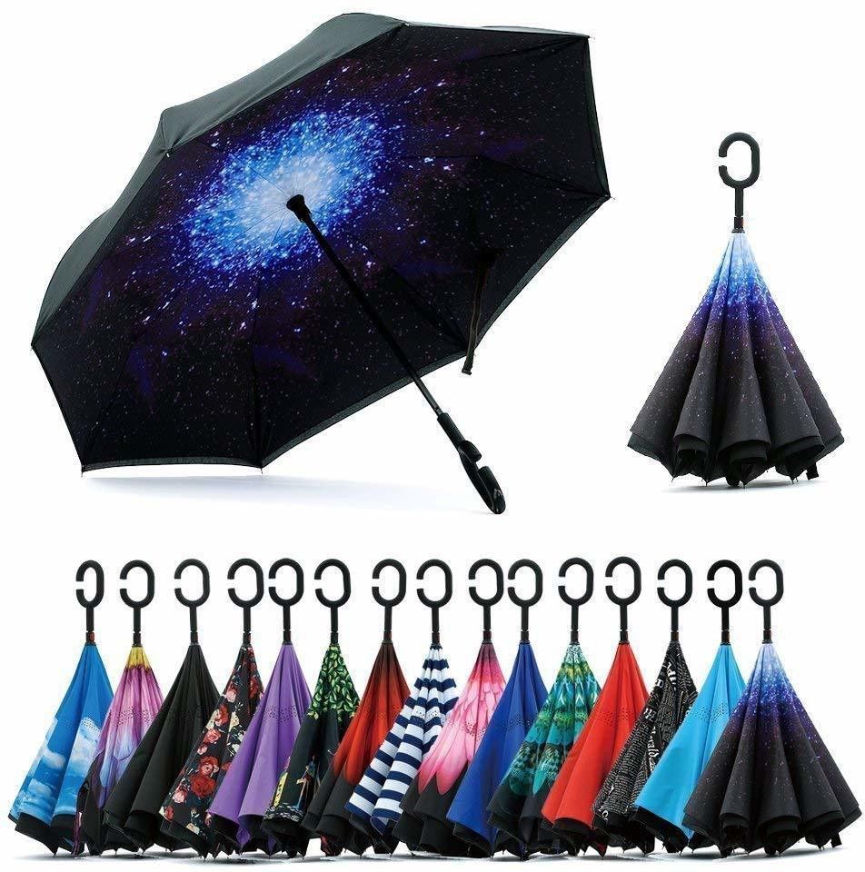 C Type Handle Double Layer Inverted Upside Down Reversible Folding (Multicolor) Umbrella-image-0