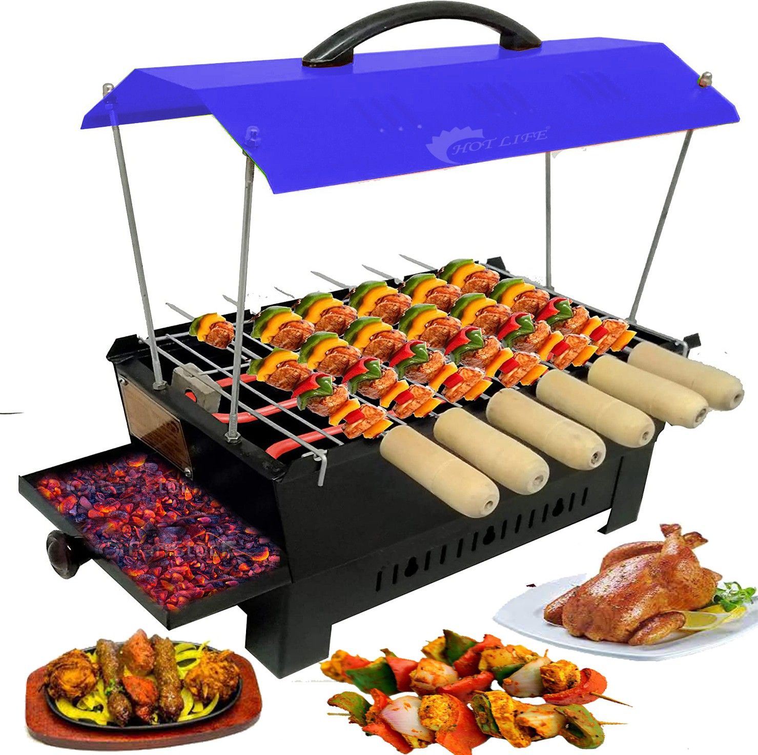 Blue Hut Shape BBQ-56021 Electric & Charcoal Barbeque 6 Skewers Multi Purpose,Iron, (Blue) Electric Grill Electric Tandoor