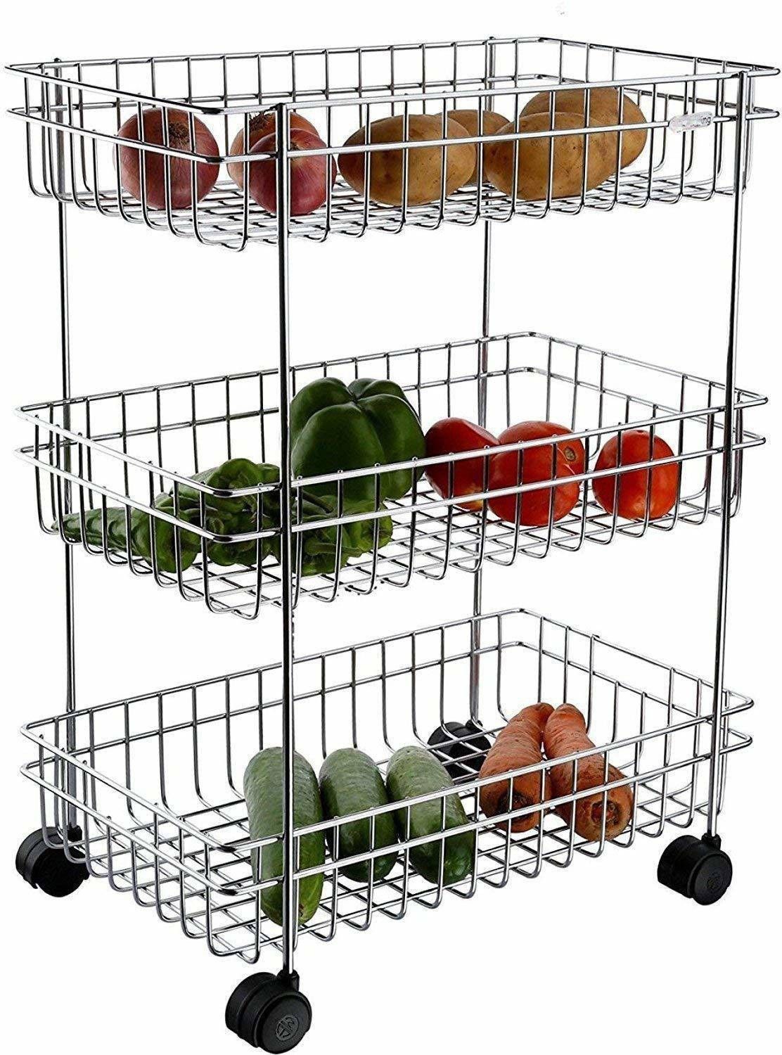 Axune 3 Layer Stand for Kitchen Fruit Vegetable Stand Storage Trolley Stainless Steel Kitchen Trolley (Pre-assembled) Stainless Steel Kitchen Trolley-picture-16