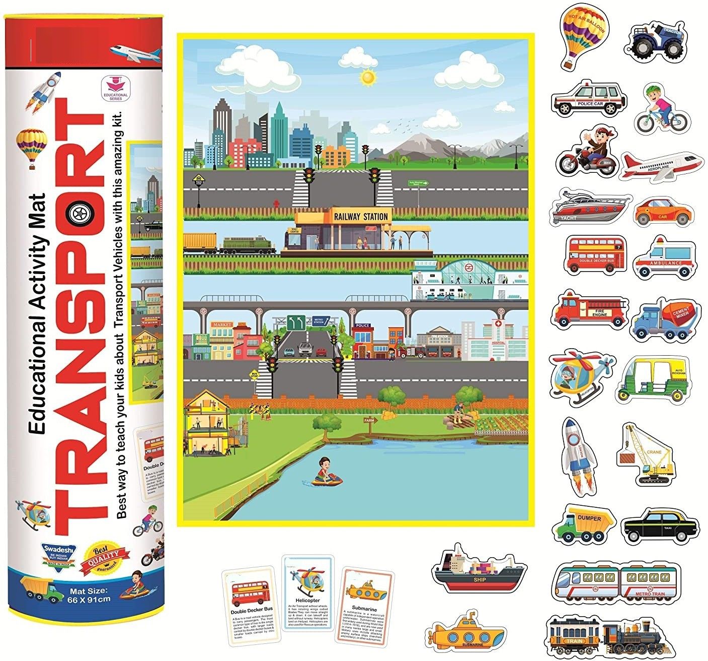 pezyox Educational Transport Activity mat (91 cms x 66 cms Jumbo mat) with 12 Both Sides Printed Flash Cards & 22 Transport Vehicle eva Cutouts with Velcro. - Multi Color-picture-32
