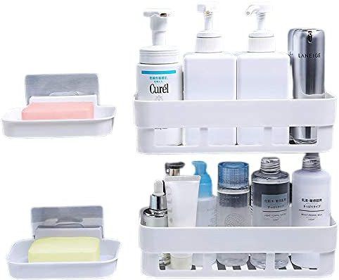 Pack Of 4 ABS Plastic Multipurpose Home Kitchen Bathroom Accessories Traceless Wall Shelves Decor Items Storage Soap Box Stand Shower Caddy Rack Shelf with Strong Adhesive Magic Sticker (2 Bathroom Shelves + 2 Soap Box,Multi Colour)-image-45