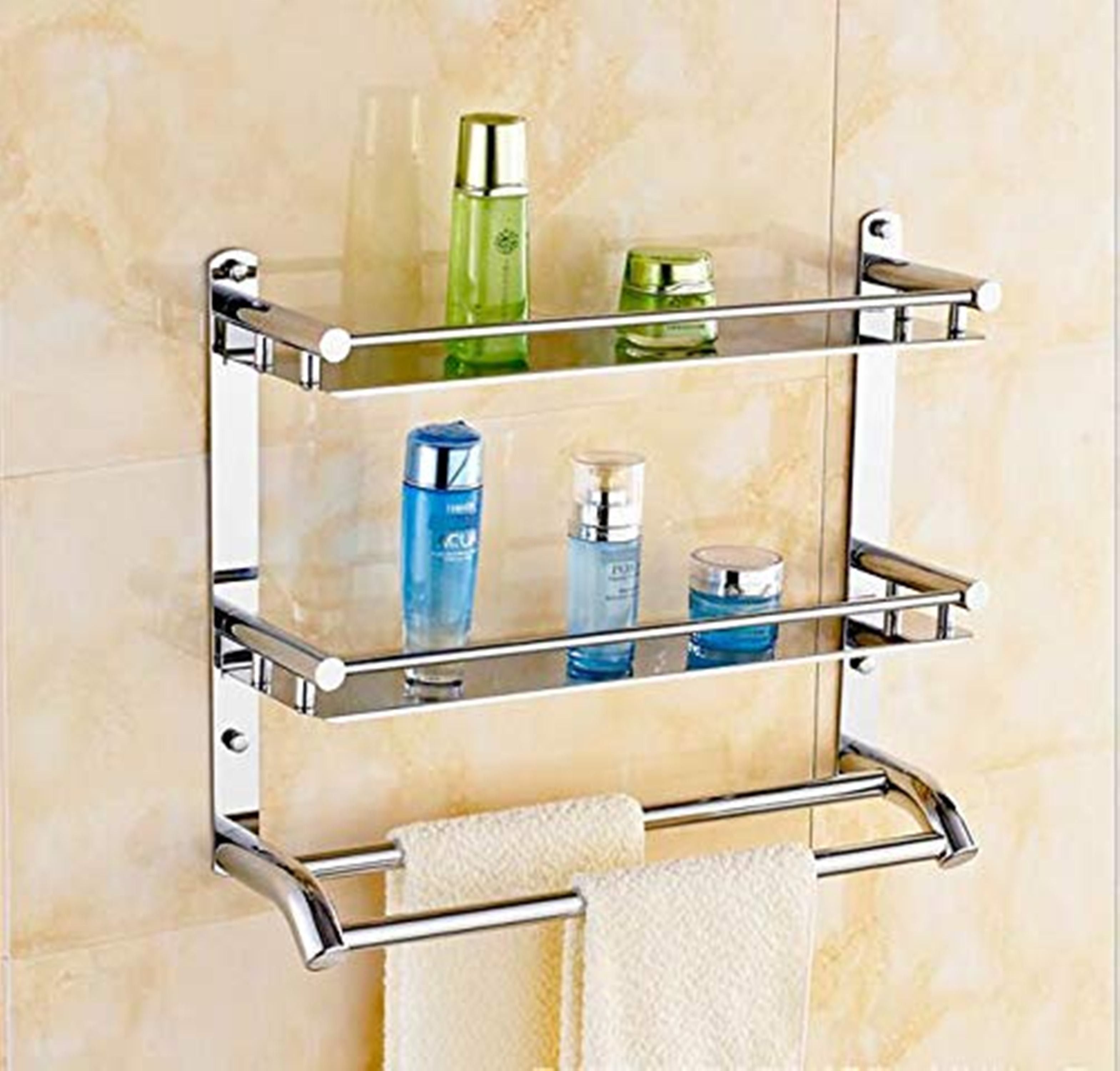 istar Multi-Purpose Wall Mount 2 Tier Bathroom Shelf with Towel Bar, Chrome Storage Organizer, Home Decor Toilet Double Storage Shelve Silver Towel Holder-picture-10