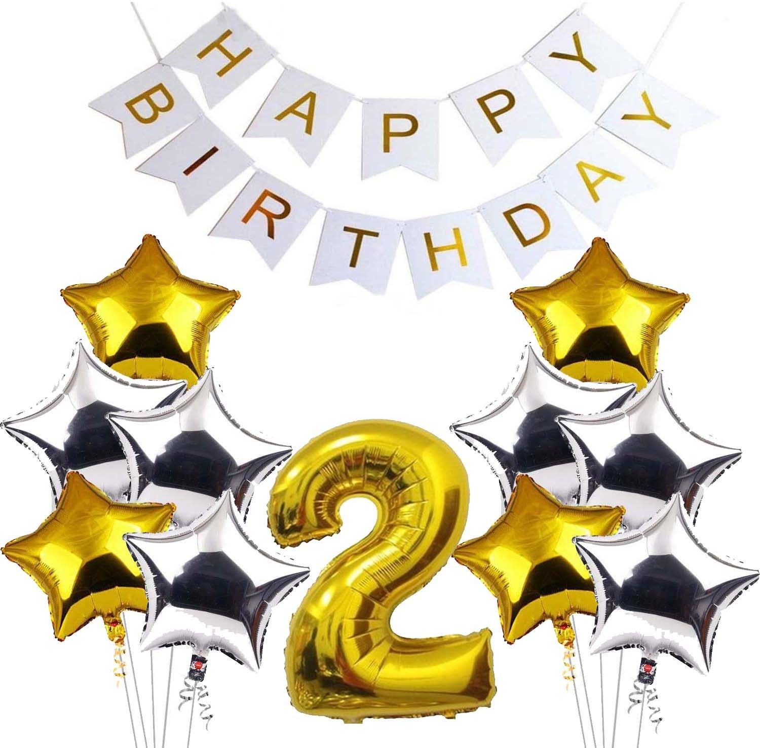 Solid 2nd Happy Birthday Balloons Decoration Kit Items Combo-12Pcs for Kids Boys, Girls, 10 Star Foil Balloons, 1 Banner ,1 number foil balloon Balloon-image-30