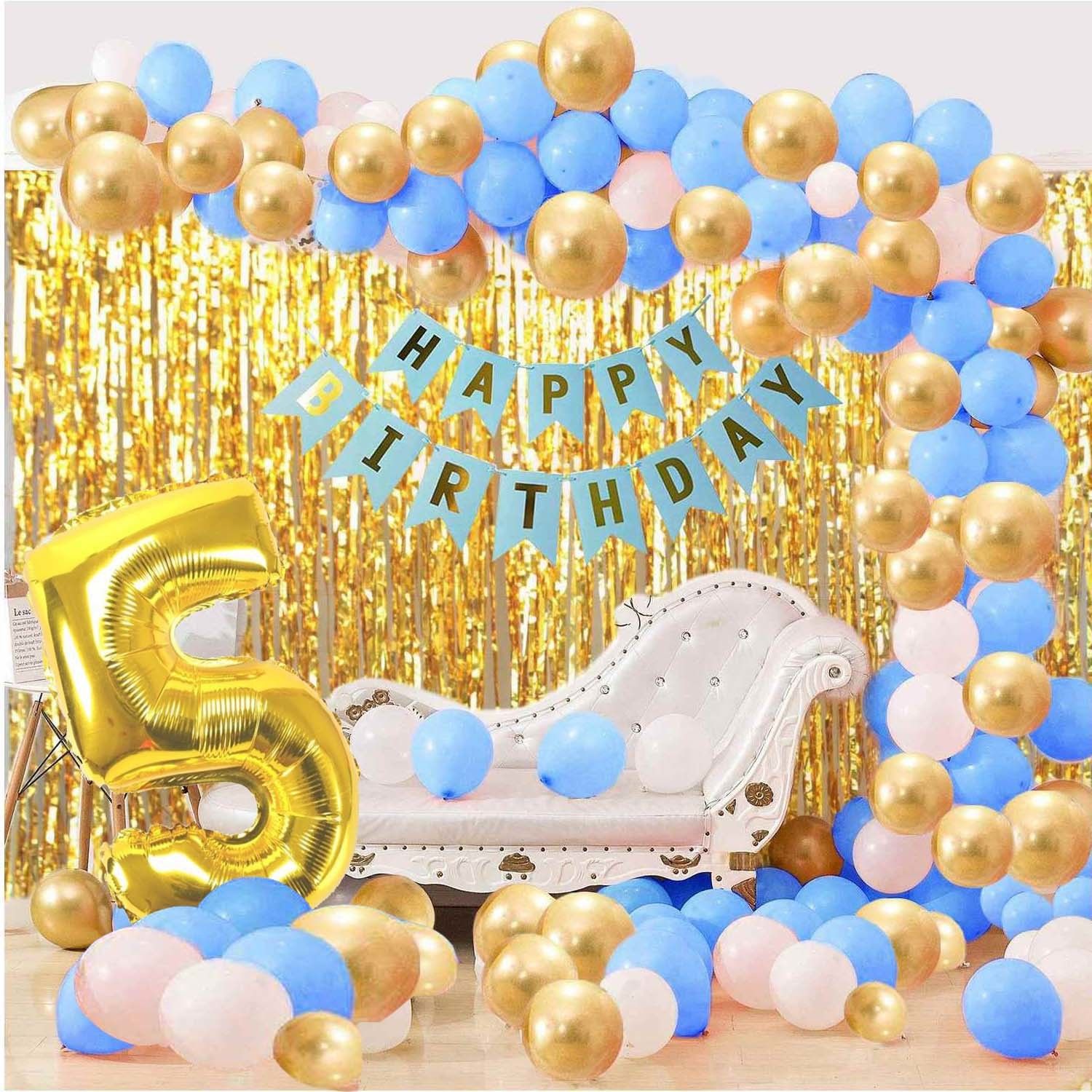 Solid Blue Happy Birthday Decoration Combo - 104Pcs Set (1 Birthday Banner, 100 Balloons,2 Foil Curtains,1 Foil Number Balloon) For Prince Boy Birthday Party Decoration ,Happy Birthday Balloons for Party Decoration , Baby 5th birthday Balloon-image-19