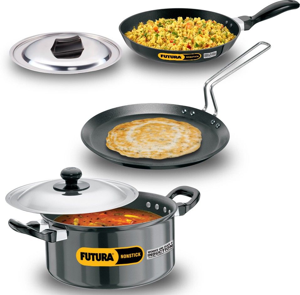 Futura 3 Pieces Cookware Set 1 - Flat Tava, Frying Pan, Stewpot Combo Tawa 26 cm diameter with Lid-image-42
