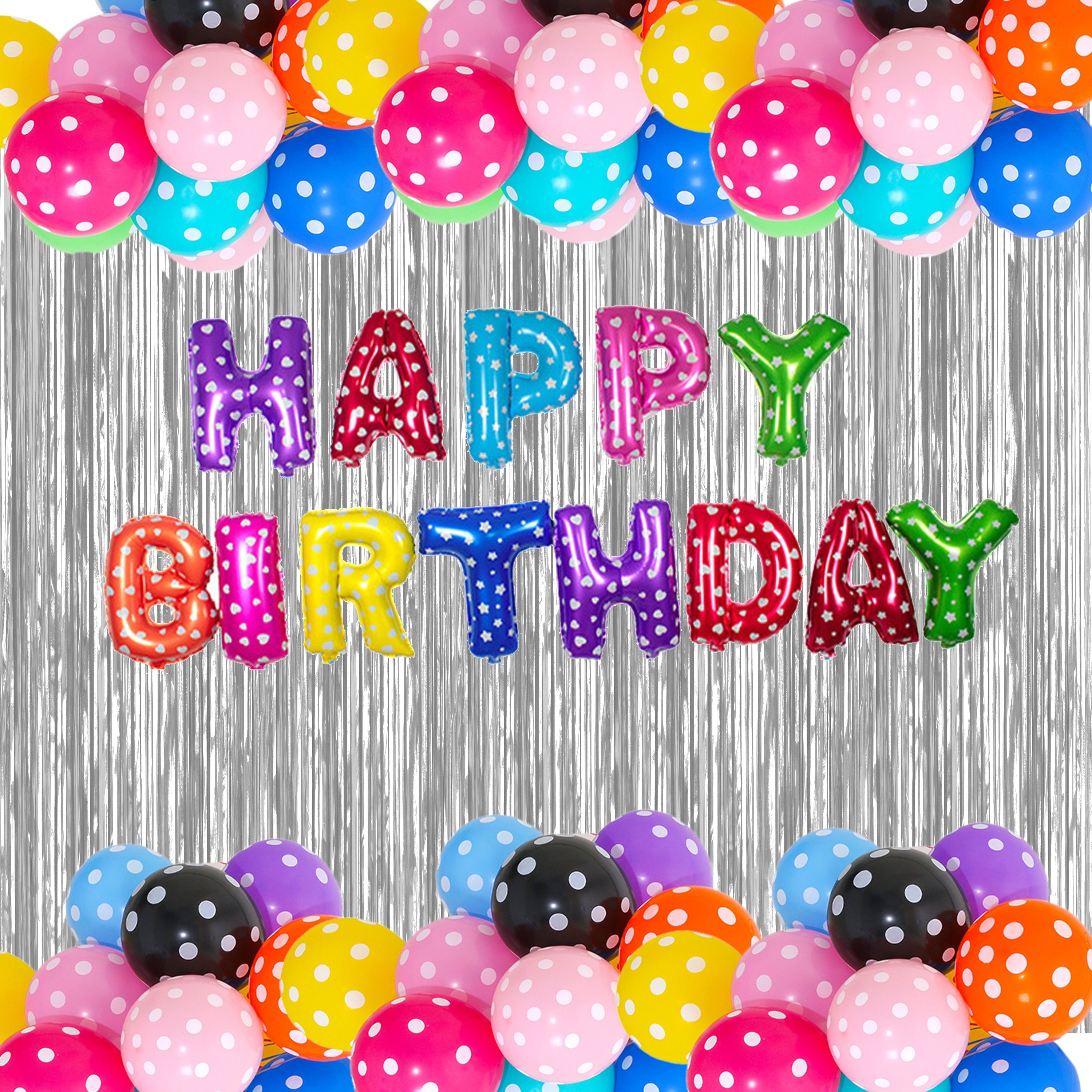 Solid Happy Birthday Balloons Decoration Kit 66 Pcs, 1 set of Multicolor 13Pcs "Happy Birthday" alphabet foil balloons and 50Pcs Polka Dot Balloon Set with 2Pcs Silver Curtain and 1 Pc Ribbion for Birthday Theme Decorations Items Combo with Helium Letters Foil Balloon Banner, Latex Metallic Balloons Balloon (Multicolor, Pack of 66)