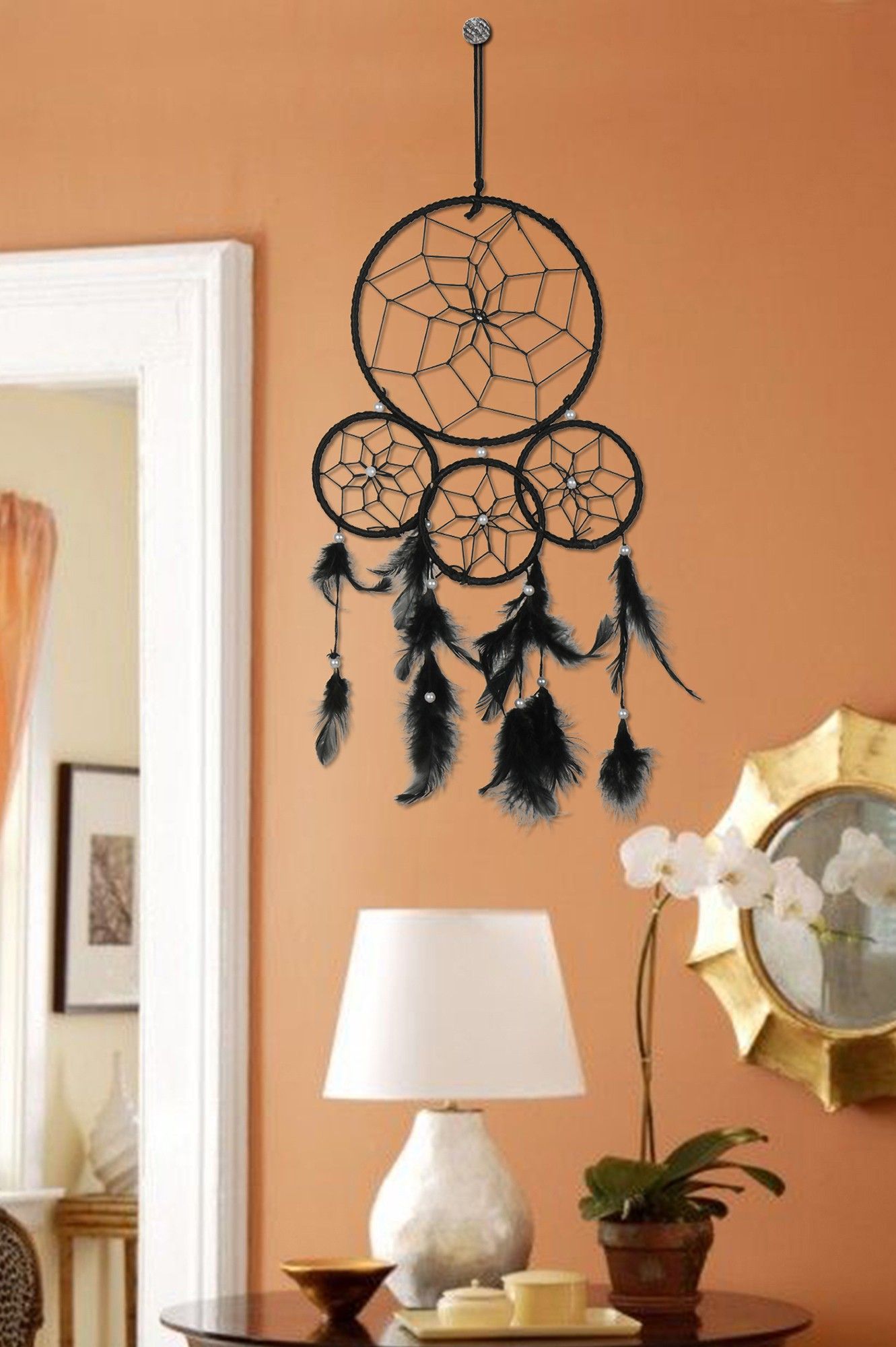 ryme Car And Bedroom Hanging 4 Rings Black Color Dream Catcher For Decoration Feather Dream Catcher-picture-20