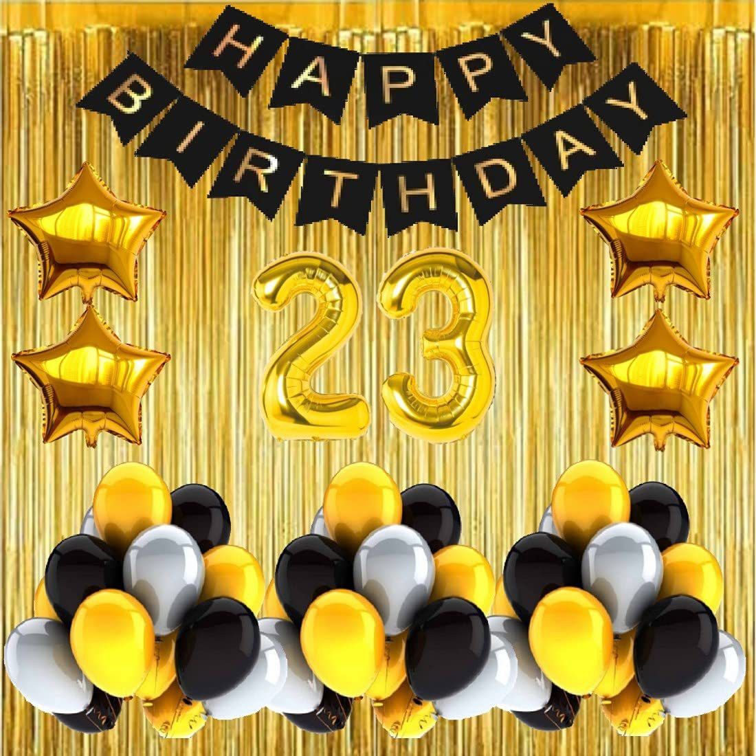 Solid No 23 Gold Foil Balloons with Happy Birthday Decoration Items or Kit Black Banner Set of 13 Letters with 30 HD Metallic Gold , Silver & Black Balloons Decoration + 4 Gold Star shape Foil Balloons for Party Decoration for Boys ,Girls & Kids + 2 Gold Fringe Curtains + 23rd Birthday or 23rd Year Birthday Gold Foil Balloons Balloon-image-21
