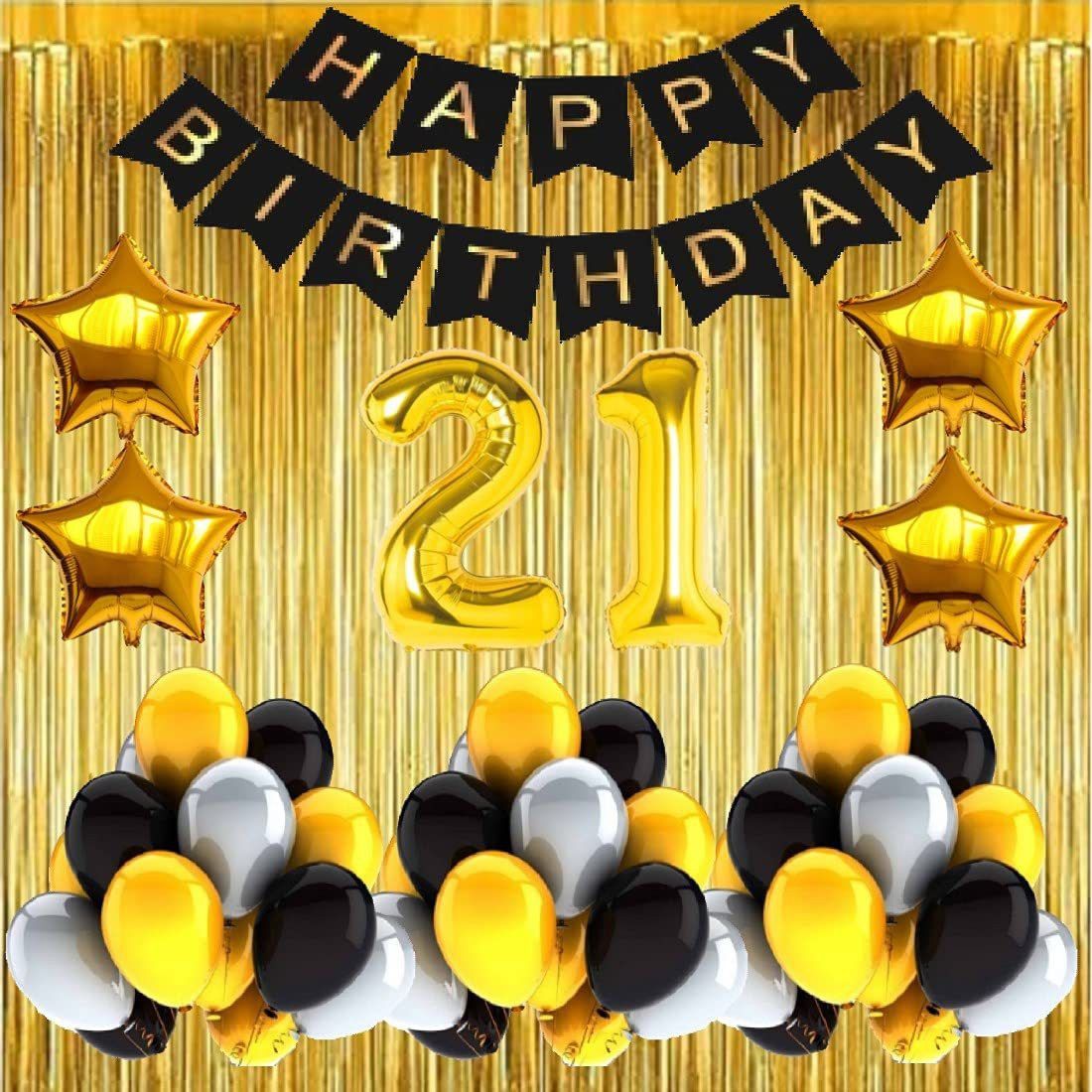 Solid No 21 Gold Foil Balloons with Happy Birthday Decoration Items or Kit Black Banner Set of 13 Letters with 30 HD Metallic Gold , Silver & Black Balloons Decoration + 4 Gold Star shape Foil Balloons for Party Decoration for Boys ,Girls & Kids + 2 Gold Fringe Curtains + 21st Birthday or 21st Year Birthday Gold Foil Balloons Balloon-image-20