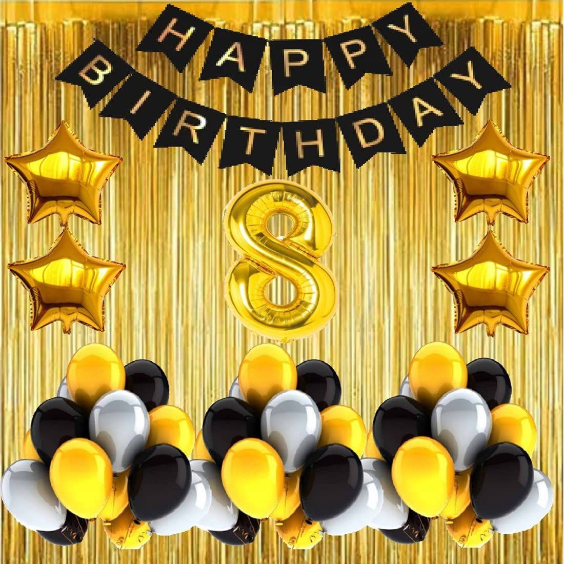 Solid No 8 Gold Foil Balloons with Happy Birthday Decoration Items or Kit Black Banner Set of 13 Letters with 100 HD Metallic Gold , Silver & Black Balloons Decoration + 4 Gold Star shape Foil Balloons for Party Decoration for Boys ,Girls & Kids + 2 Gold Fringe Curtains + 8th Birthday or 8th Year Birthday Gold Foil Balloons Balloon-image-25