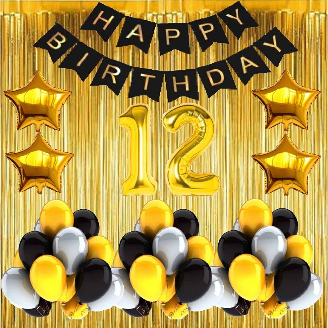fanex Solid No 12 Gold Foil Balloons with Happy Birthday Decoration Items or Kit Black Banner Set of 13 Letters with 30 HD Metallic Gold , Silver & Black Balloons Decoration + 4 Gold Star shape Foil Balloons for Party Decoration for Boys ,Girls & Kids + 2 Gold Fringe Curtains + 12th Birthday or 12th Year Birthday Gold Foil Balloons Balloon-picture-17