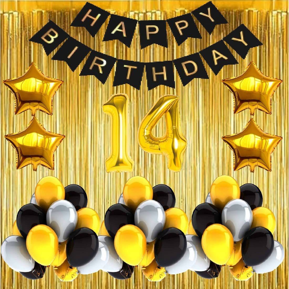 Solid No 14 Gold Foil Balloons with Happy Birthday Decoration Items or Kit Black Banner Set of 13 Letters with 30 HD Metallic Gold , Silver & Black Balloons Decoration + 4 Gold Star shape Foil Balloons for Party Decoration for Boys ,Girls & Kids + 2 Gold Fringe Curtains + 14th Birthday or 14th Year Birthday Gold Foil Balloons Balloon-image-23