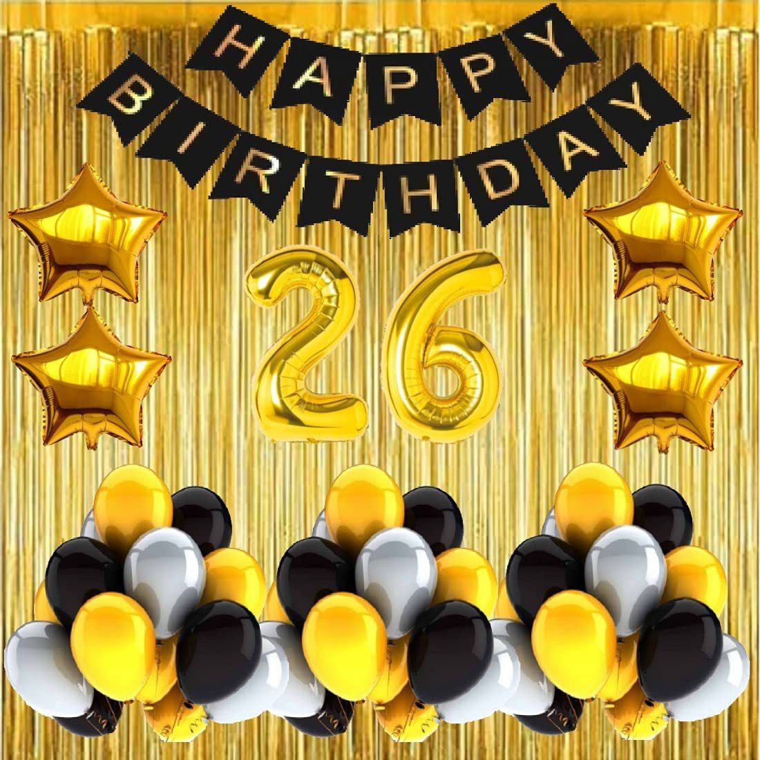 Solid No 26 Gold Foil Balloons with Happy Birthday Decoration Items or Kit Black Banner Set of 13 Letters with 30 HD Metallic Gold , Silver & Black Balloons Decoration + 4 Gold Star shape Foil Balloons for Party Decoration for Boys ,Girls & Kids + 2 Gold Fringe Curtains + 26th Birthday or 26th Year Birthday Gold Foil Balloons Balloon-image-24