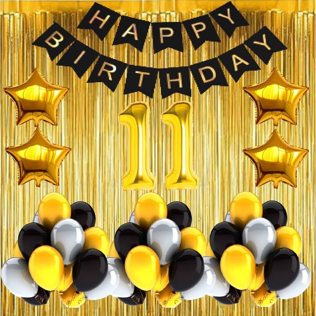 Solid No 11 Gold Foil Balloons with Happy Birthday Decoration Items or Kit Black Banner Set of 13 Letters with 30 HD Metallic Gold , Silver & Black Balloons Decoration + 4 Gold Star shape Foil Balloons for Party Decoration for Boys ,Girls & Kids + 2 Gold Fringe Curtains + 11th Birthday or 11th Year Birthday Gold Foil Balloons Balloon-image-22