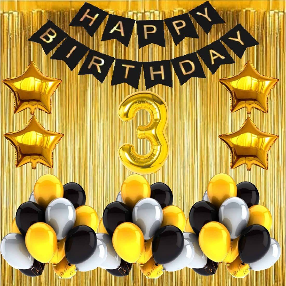fanex Solid No 3 Gold Foil Balloons with Happy Birthday Decoration Items or Kit Black Banner Set of 13 Letters with 100 HD Metallic Gold , Silver & Black Balloons Decoration + 4 Gold Star shape Foil Balloons for Party Decoration for Boys ,Girls & Kids + 2 Gold Fringe Curtains + 3rd Birthday or 3rd Year Birthday Gold Foil Balloons Balloon-picture-11
