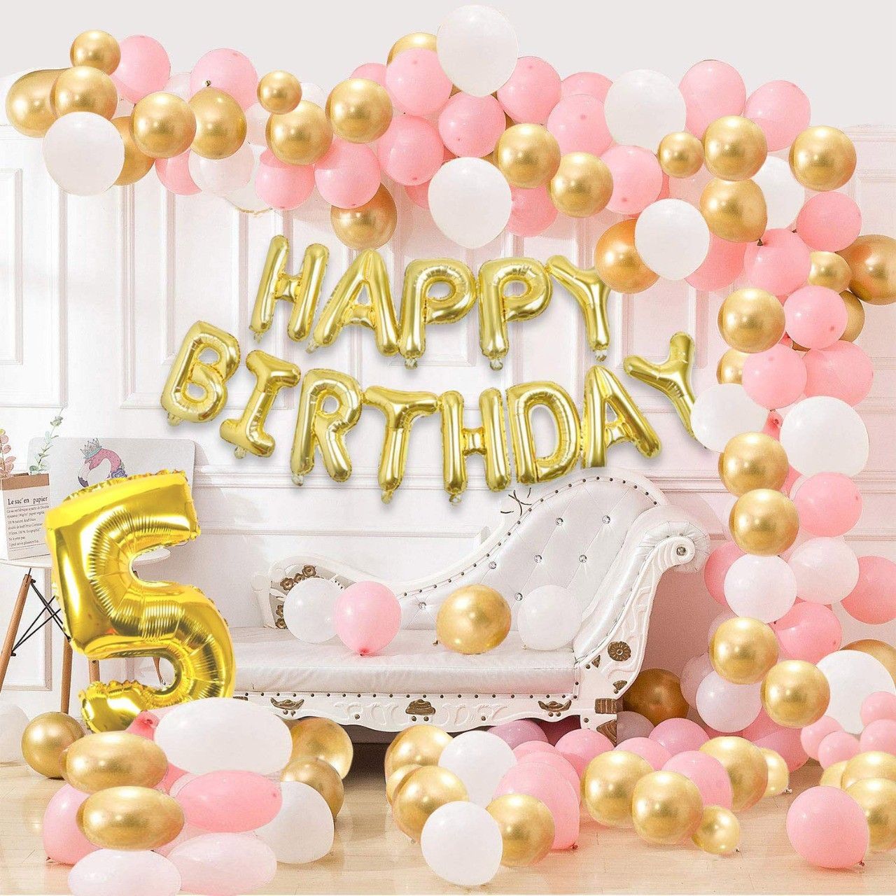 acome Solid Gold Happy Birthday Decoration Combo - 102Pcs Set Foil Banner And Balloons For Princess Girls Birthday Party Decoration ,Happy Birthday Balloons for Party Decoration , Baby 5th birthday Balloon-picture-15