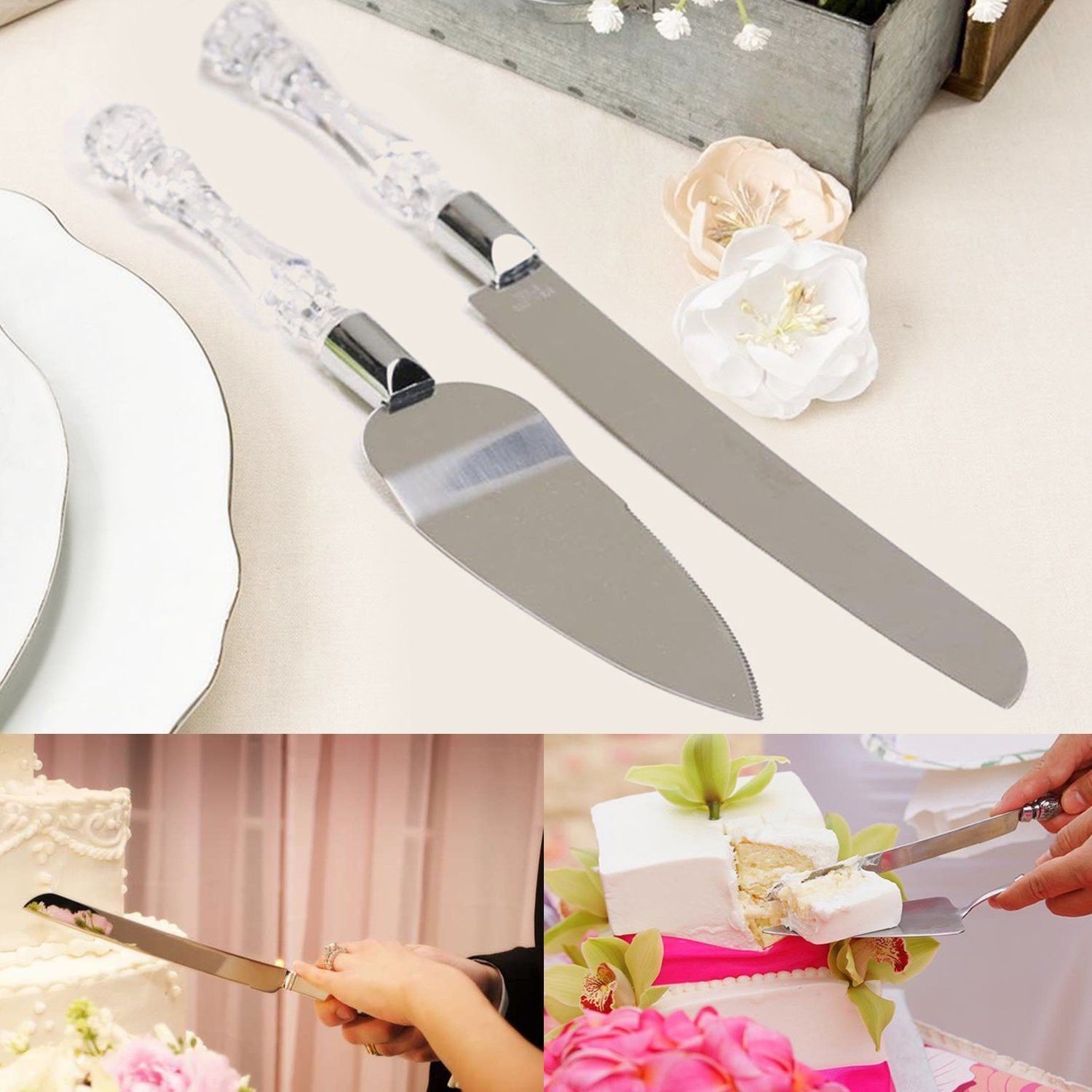 hvg traders Cake Knife and Server Set with Acrylic Handle Slicer Cutter Pizza Shovel Knife Pie Server Hand Tool with Cutting Knife Decorating Tools Set of 2 Multicolor Kitchen Tool Set Steel Cake Server-picture-25