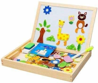 2 in 1 Magnetic Wooden Puzzle Educational Learning Game Toy with Writing & Drawing Board for Kids