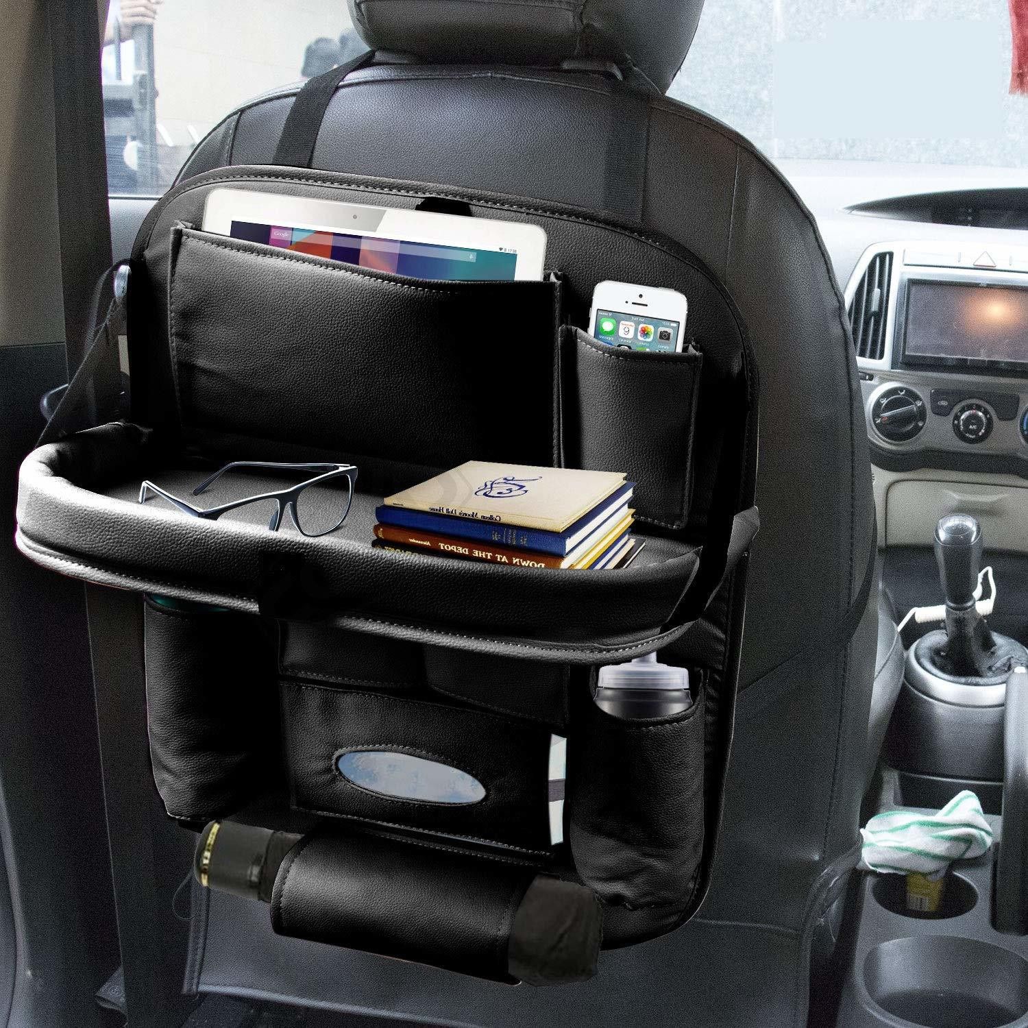 alisan PU Leather Seat Back Organizer Multi Pocket with Tray Travel Storage Bag (Black) Car Storage Bag & Bin-picture-28