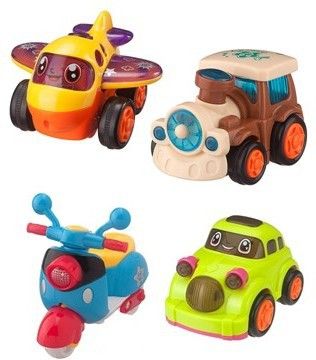 Set of 4 friction powered push and go toys - cute Car, Scoter, Aeroplane