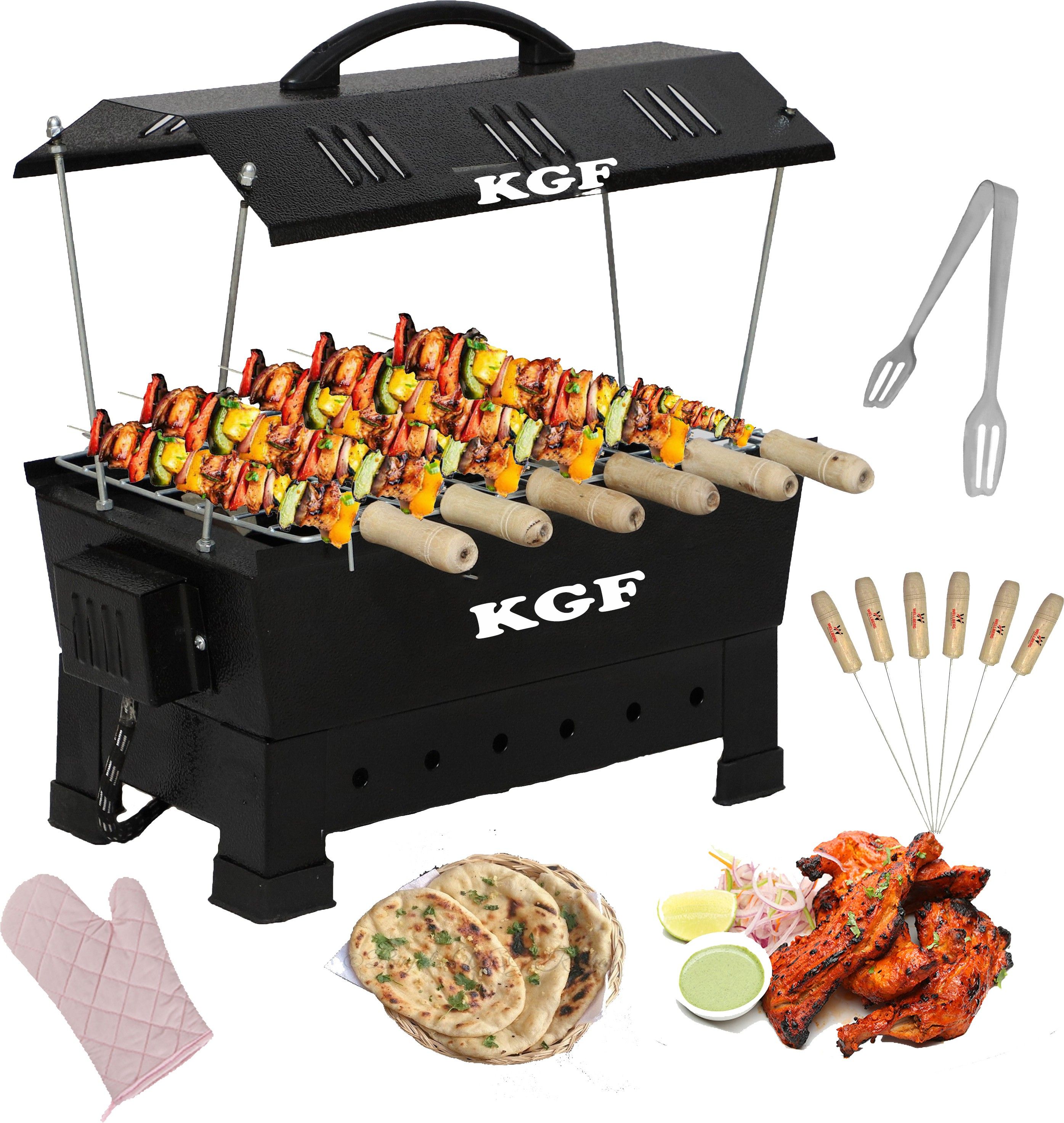 kgf Electric and Non Electric Charcoal Barbeque (Black, Iron) Charcoal/Compact & Portable, Large Size, Red Electric Grill with 6 Wooden Handle Skewers,Hand Gloves & Tong Electric Tandoor-picture-11