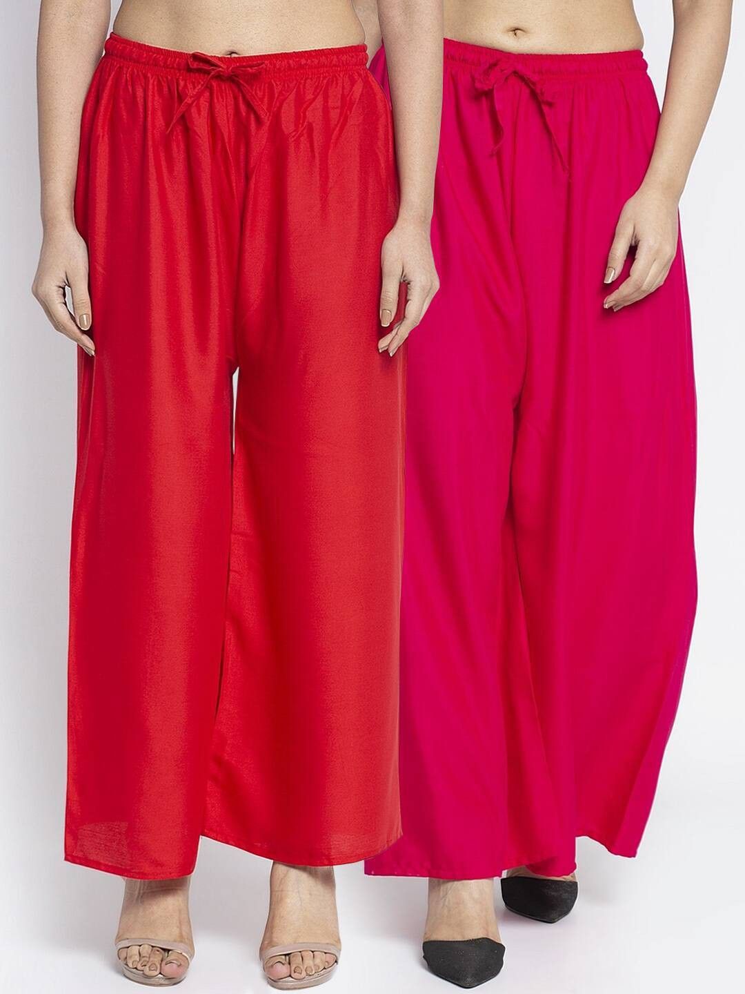 rangkriti Pack of 2 Women Flared Pink, Red Viscose Rayon Trousers-picture-25