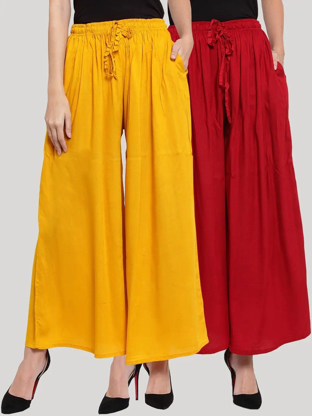 Pack of 2 Women Flared Red, Yellow Viscose Rayon Trousers