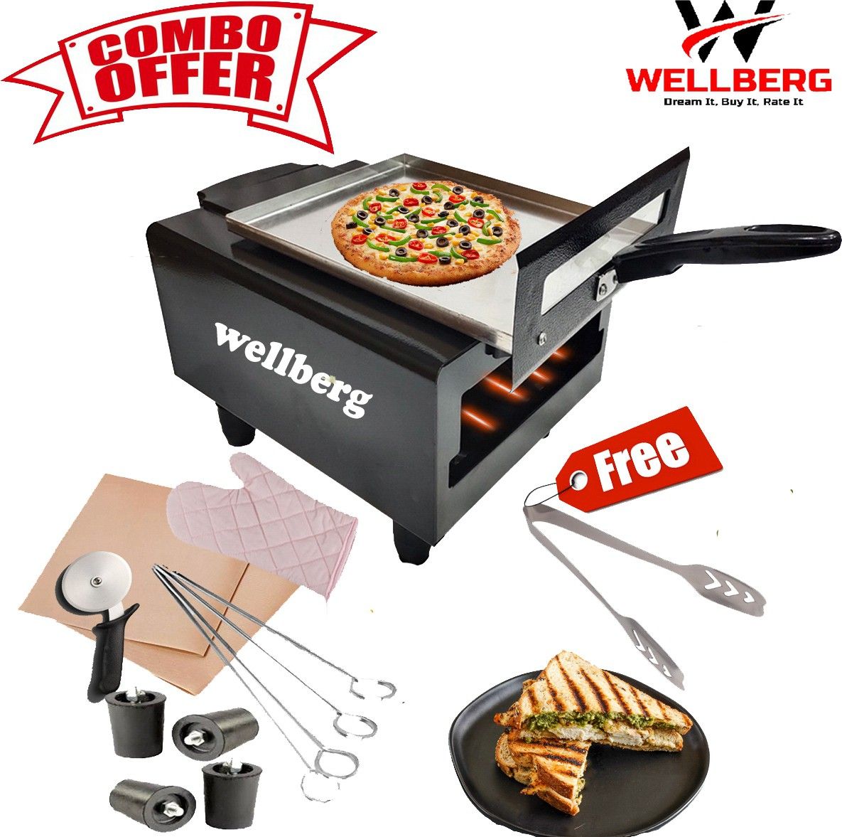 wellberg Heavy Weight Electric Tandoor with Pizza Cutter, Recipe Book, Nonstick Sheet, Grill, 4 Skewers,Glove (Size Mini) Electric Tandoor-picture-32
