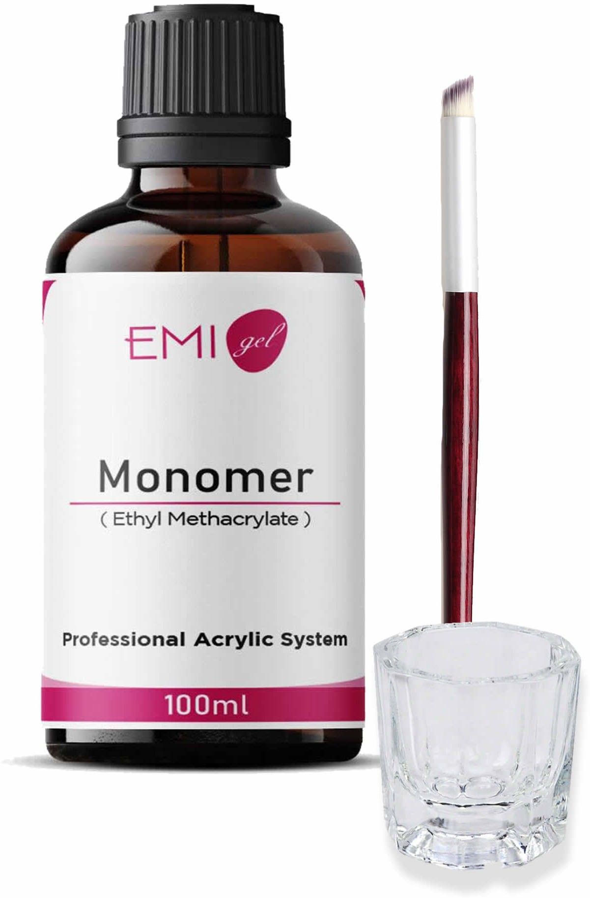 EMIGel Nail Grooming Kit for Beginner and Professional Combo Pack of Acrylic Monomer Liquid (Ethyl Methacrylate) 100ml with Dappen Glass & Soft Ombre Brush-image-2
