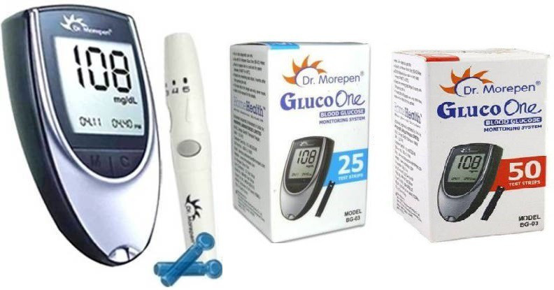 dr. morepen Blood Sugar Glucose checking machine(with 10 Free Swabs)(Glucometer+lancet+lancing device +25 Strips+50 Strips) Glucometer Glucometer image 1