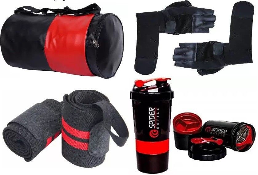 (black&red) gym bag with spider bottle with wrist support & gym gloves Home Gym Kit Gym & Fitness Kit Fitness Accessory Kit Kit-image-29