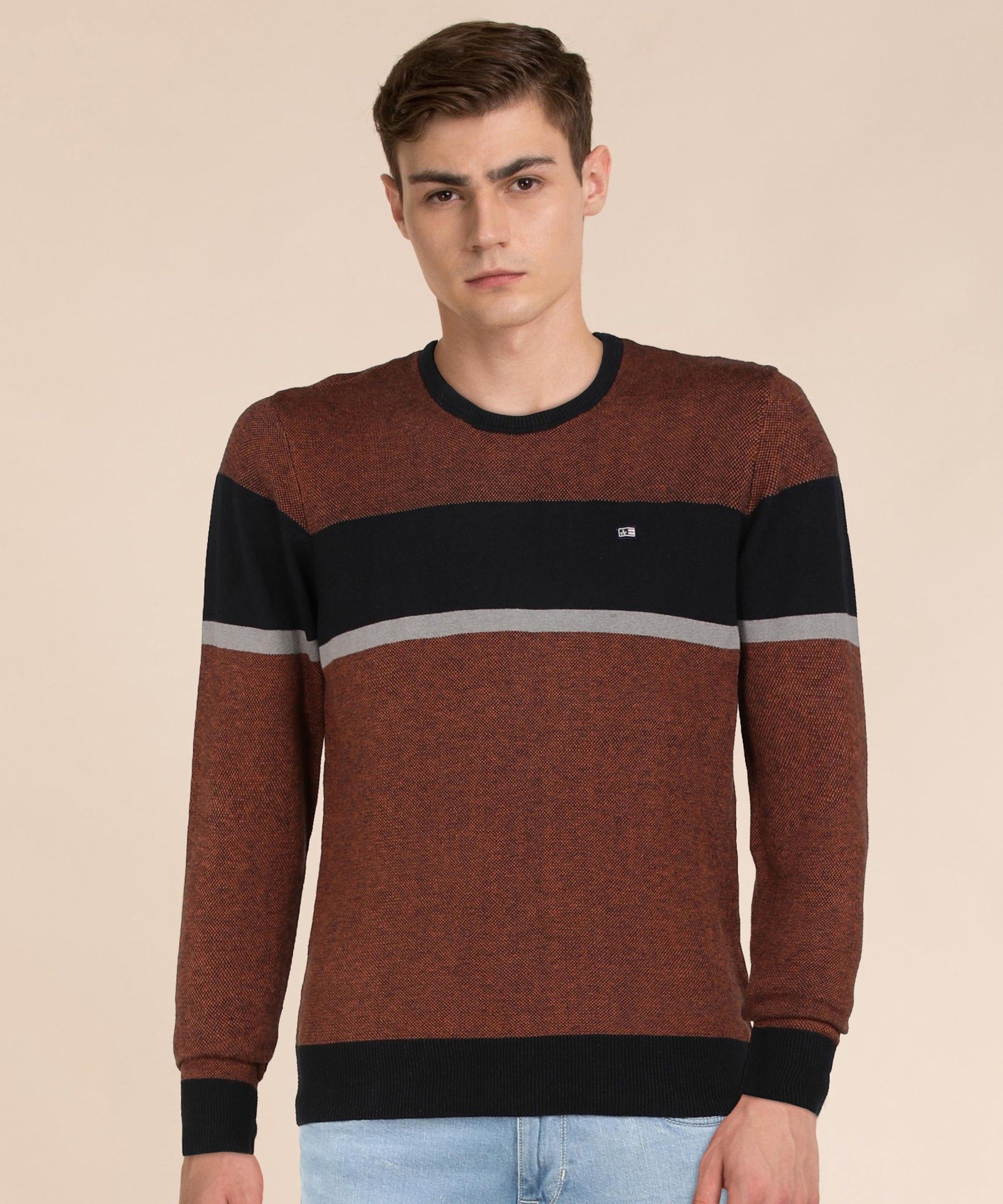 arrow sport Men Colorblock Round Neck Orange Sweater-picture-12