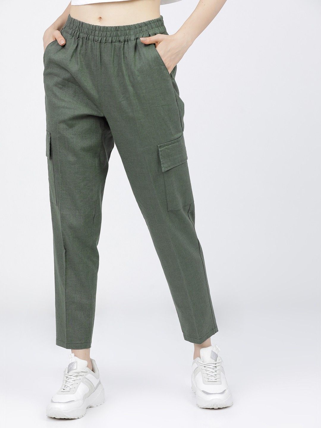 tokyo talkies Women Regular Fit Green Cotton Blend Trousers-picture-10