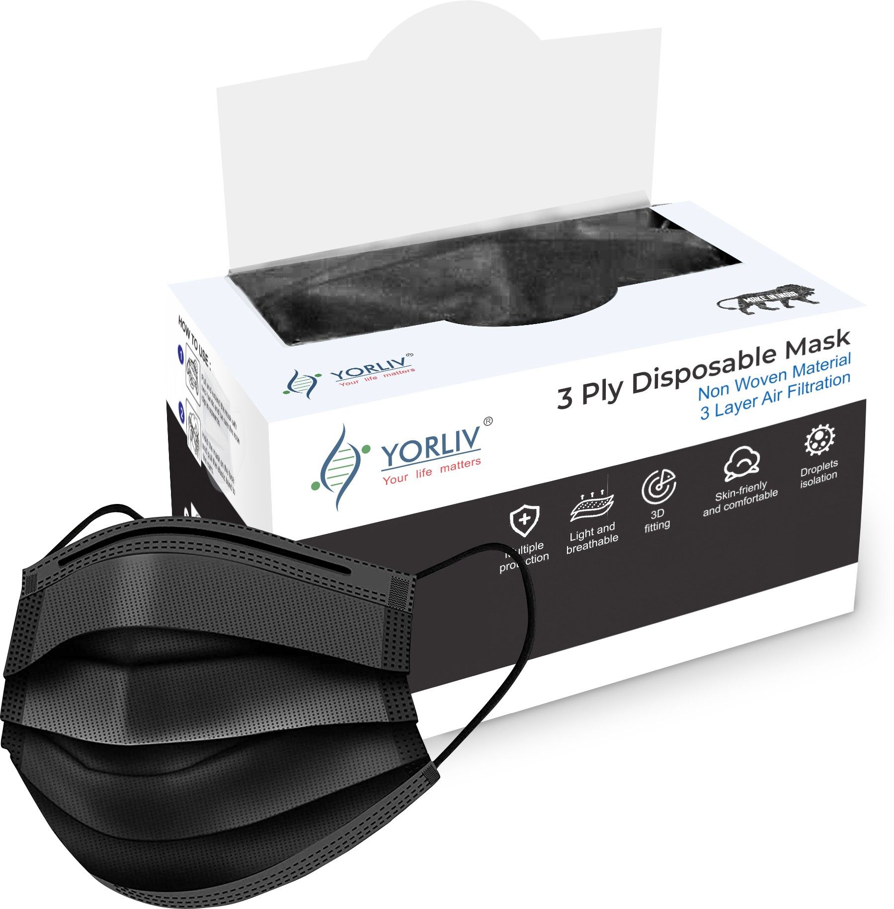 " Surgical 3 Layer With Nose Clip Jet Black for Men Women Kids" 3 Ply Pharmaceutical Mask Water Resistant Surgical Mask-image-3